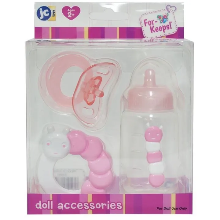 Accessoires pour poupées Berenguer - Ensemble biberon, hochet et tétine rose