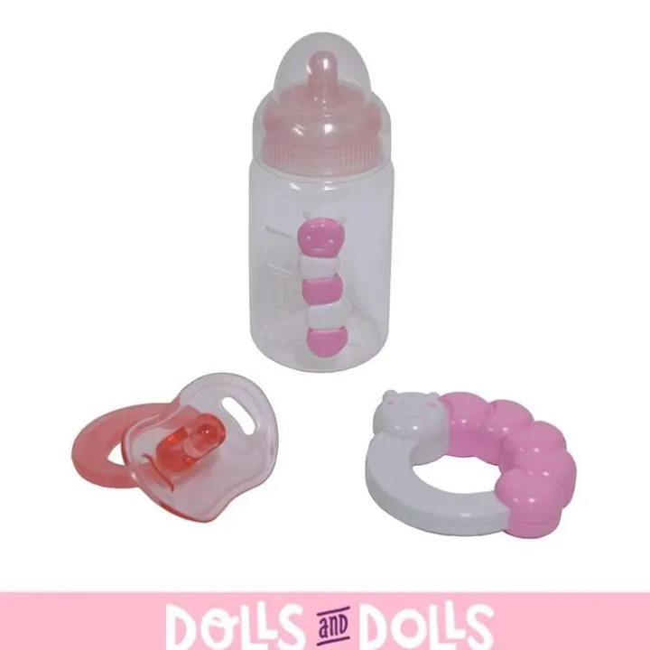 Accessoires pour poupées Berenguer - Ensemble biberon, hochet et tétine rose