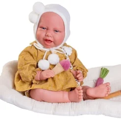 Poupée Antonio Juan 42 cm - Nouveau-né Carla moutarde avec son berceau de jeu