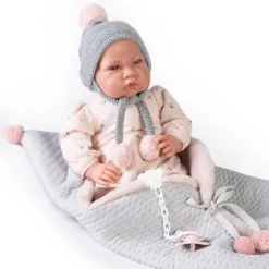 Poupée Antonio Juan 42 cm - Nouveau-né avec gigoteuse et pompons