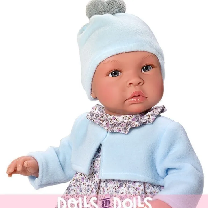 Poupée Así 46 cm - Barboteuse Léo aux fleurs grises avec veste bleu clair