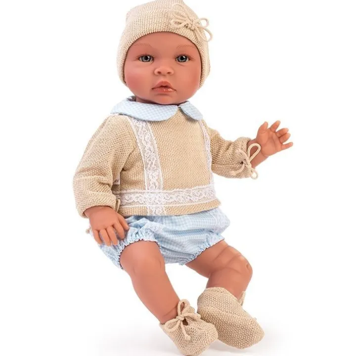 Poupée Así 46 cm - Leo avec tenue beige tricotée à carreaux bleu clair