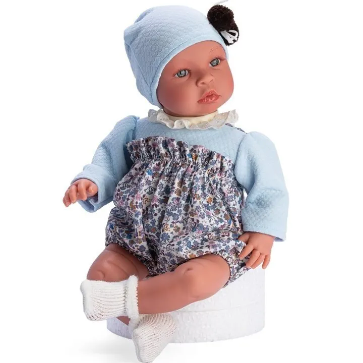 Poupée Así 46 cm - Leo avec une barboteuse à fleurs bleues et un bavoir bleu clair