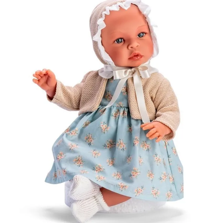 Poupée Así 46 cm - Leo en robe bleue avec des fleurs orange et une veste beige