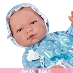 Poupée Así 43 cm - Pablo avec longue robe plumeti blanche ouverte et tricot bleu