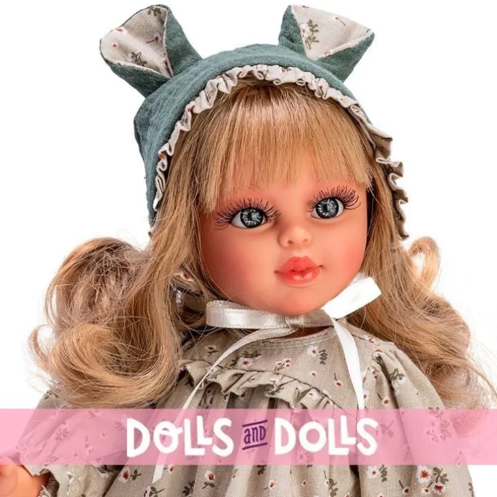 Poupée Así 40 cm - Sabrina dans un ensemble à capuche avec des petites oreilles et une robe à fleurs verte