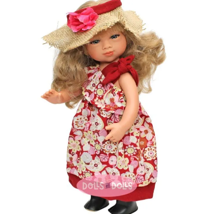 Poupée D'Nenes 34 cm - Marieta avec robe rouge à fleurs et chapeau de paille