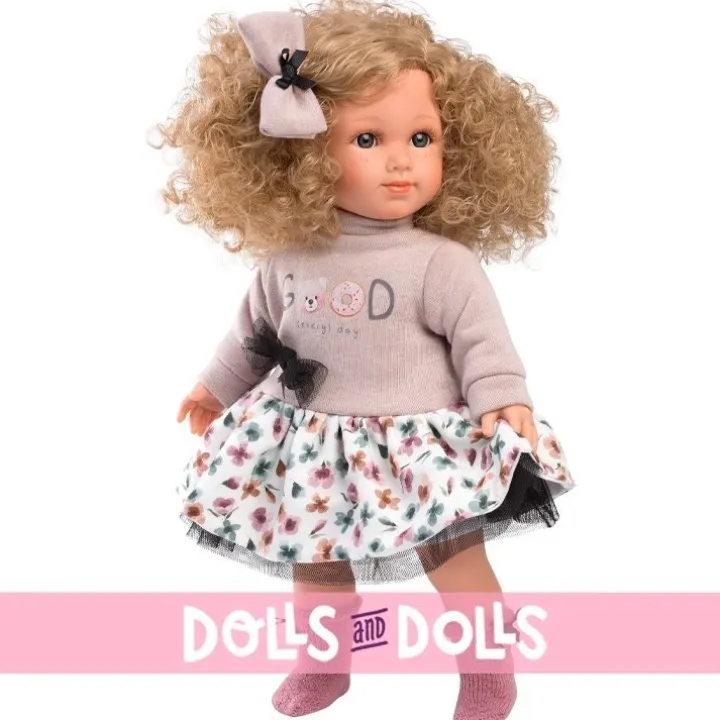Poupée Llorens 35 cm - Elena avec un pull beige et une jupe à fleurs