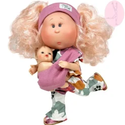 Poupée Nines d'Onil 30 cm - Mia ARTICULÉE - mère aux cheveux roses avec une robe imprimée nature