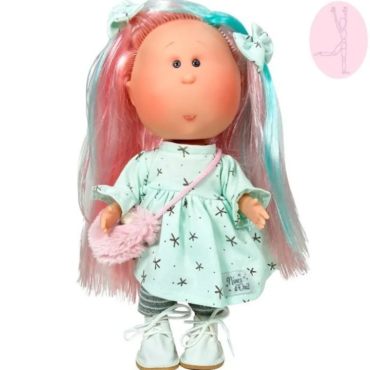 Poupée Nines d'Onil 30 cm - Mia ARTICULÉE - aux cheveux roses et aux mèches bleues avec une robe à étoiles