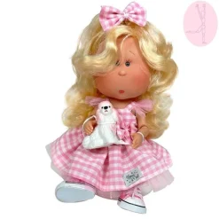 Poupée Nines d'Onil 30 cm - Mia ARTICULÉE - blonde avec robe à carreaux roses et mascotte