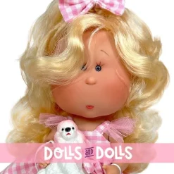 Poupée Nines d'Onil 30 cm - Mia ARTICULÉE - blonde avec robe à carreaux roses et mascotte