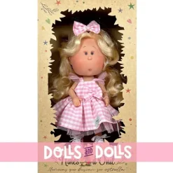 Poupée Nines d'Onil 30 cm - Mia ARTICULÉE - blonde avec robe à carreaux roses et mascotte