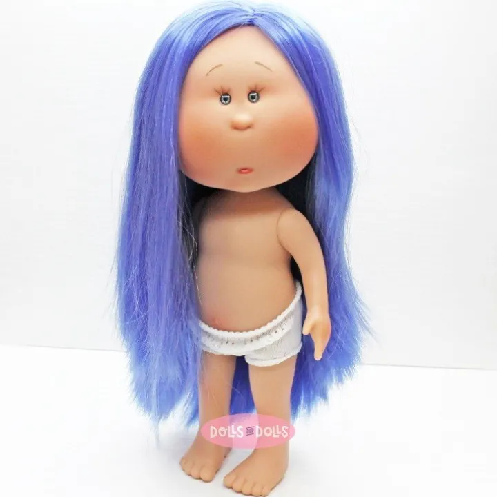 Poupée Nines d'Onil 30 cm - Mia avec des cheveux bleus et raides - Sans vêtements