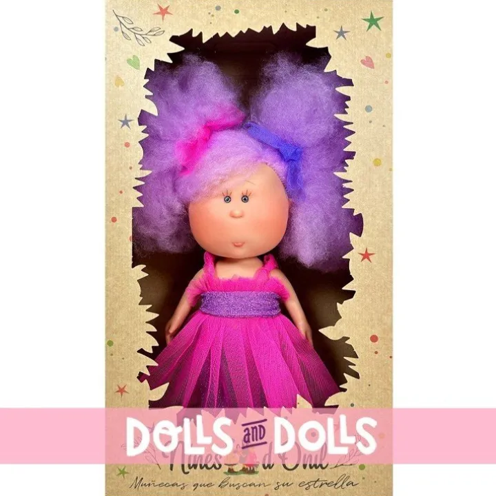 Poupée Nines d'Onil 30 cm - Mia Cotton avec cheveux lilas et mascotte
