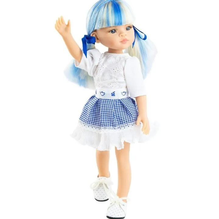 Poupée Paola Reina 32 cm - Las Amigas Funky - Cassandra en robe blanche brodée et jupe bleue à carreaux