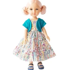 Poupée Reina del Norte 32 cm - Rosalía avec robe à imprimé floral et gilet bleu