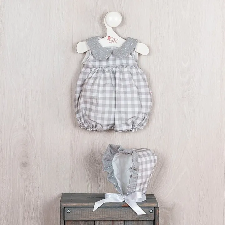 Tenue pour poupée Así 43 cm - Robe à carreaux gris avec pololo et col en mousseline grise pour poupée Pablo