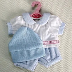 Vêtements pour poupée Antonio Juan 40-42 cm - Ensemble bleu clair et blanc avec hexagones imprimés avec chapeau